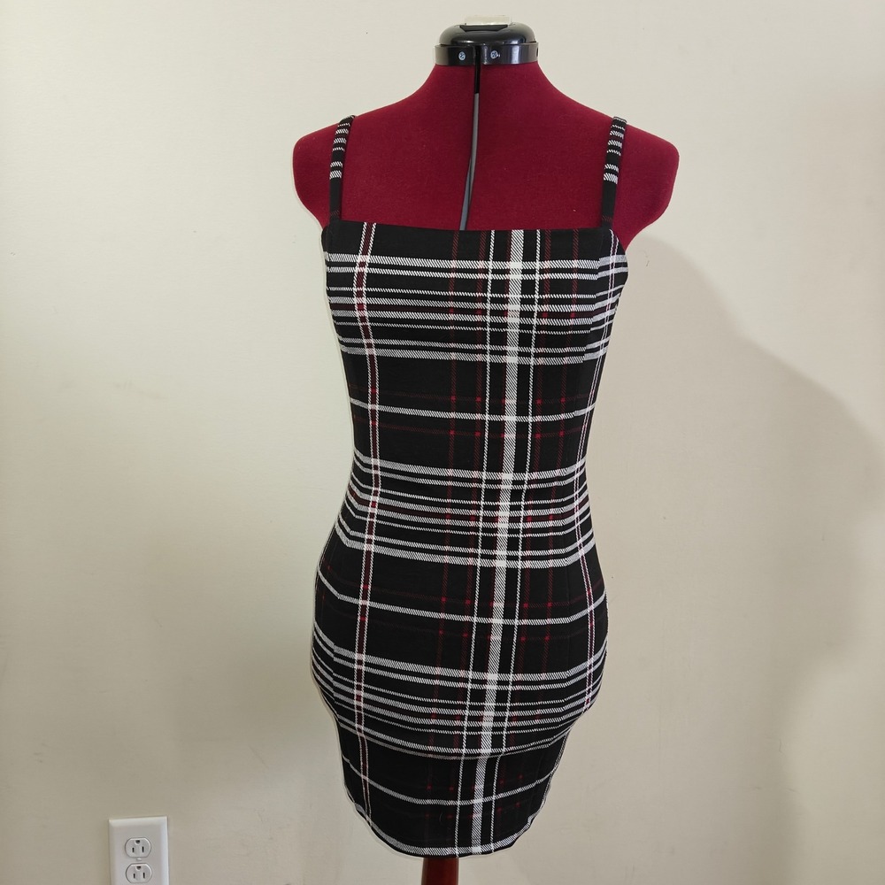 Forever 21 Womens Plaid Bodycon Mini Dress Black White Red Spaghetti Strap Small
